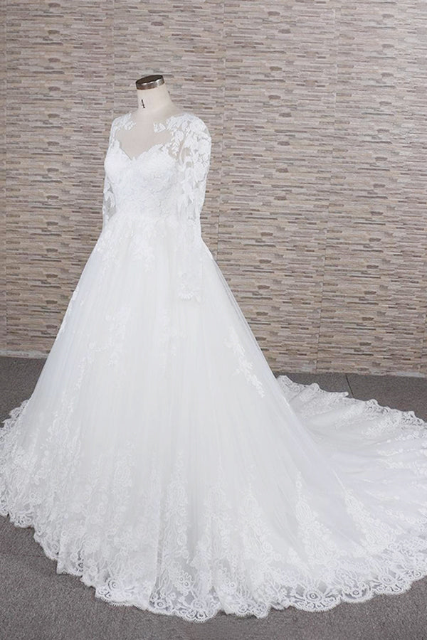 Plus Size Long A-line Applqiues Lace Tulle Wedding Dress with Sleeves