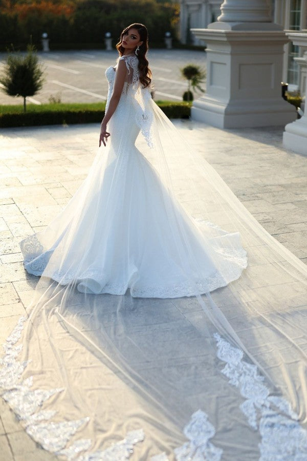 Elegant White Mermaid Sweetheart Tulle Lace Long Wedding Dresses