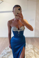 Long Mermaid Satin Strapless Prom Dress with Side Split