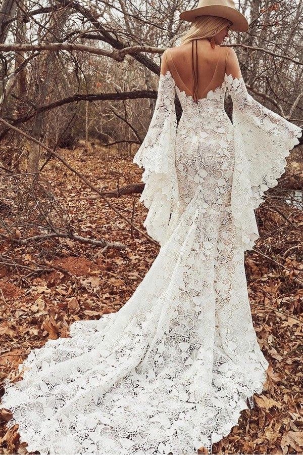 Elegant Mermaid Long Sleeves Floor Length Lace Wedding Dresses