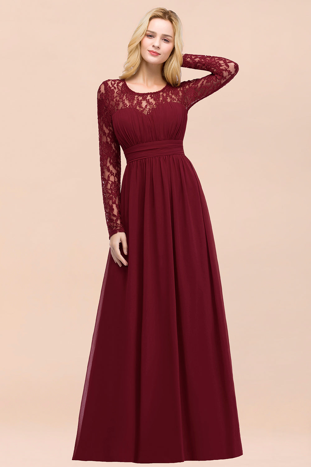Elegant A-Line Chiffon Jewel Long Sleeves Ruffles Floor Length Bridesmaid Dresses