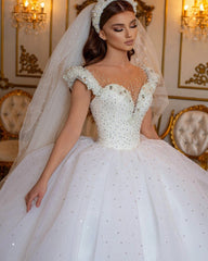 Glamorous Long Off the Shoulder Beading Tulle Ball Gown Wedding Dress
