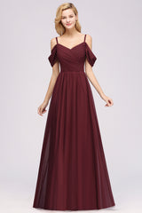 A-Line Chiffon V-Neck Spaghetti Straps Short Sleeves Floor Length Bridesmaid Dresses with Ruffles