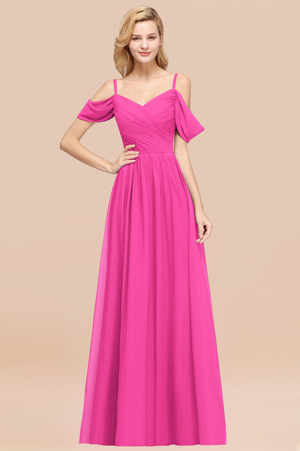 A-Line Chiffon V-Neck Spaghetti Straps Short Sleeves Floor Length Bridesmaid Dresses with Ruffles