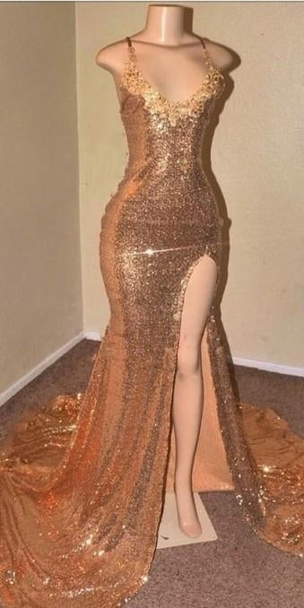 Sequins Sleeveless Front Slit Floor Length Mermaid Long Prom Dresses
