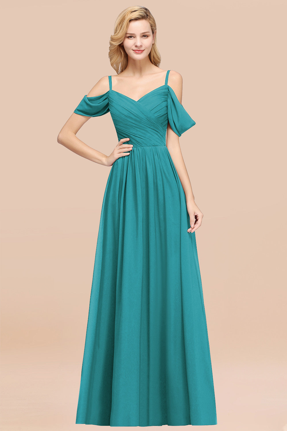 A-Line Chiffon V-Neck Spaghetti Straps Short Sleeves Floor Length Bridesmaid Dresses with Ruffles