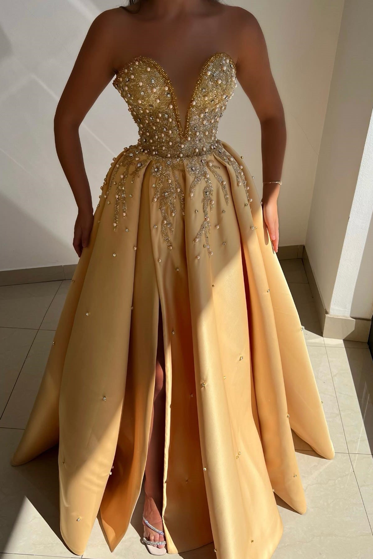 Long A-Line Satin Beaded Sweetheart Formal Evening Dress with Slit