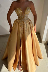 Long A-Line Satin Beaded Sweetheart Formal Evening Dress with Slit