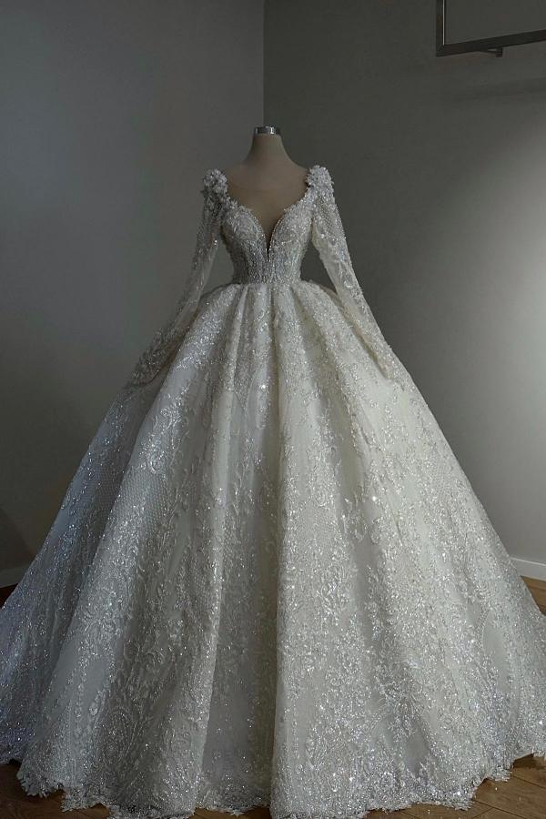 Ivory Long Ball Gown V-neck Tulle Lace Wedding Dresses with Sleeves