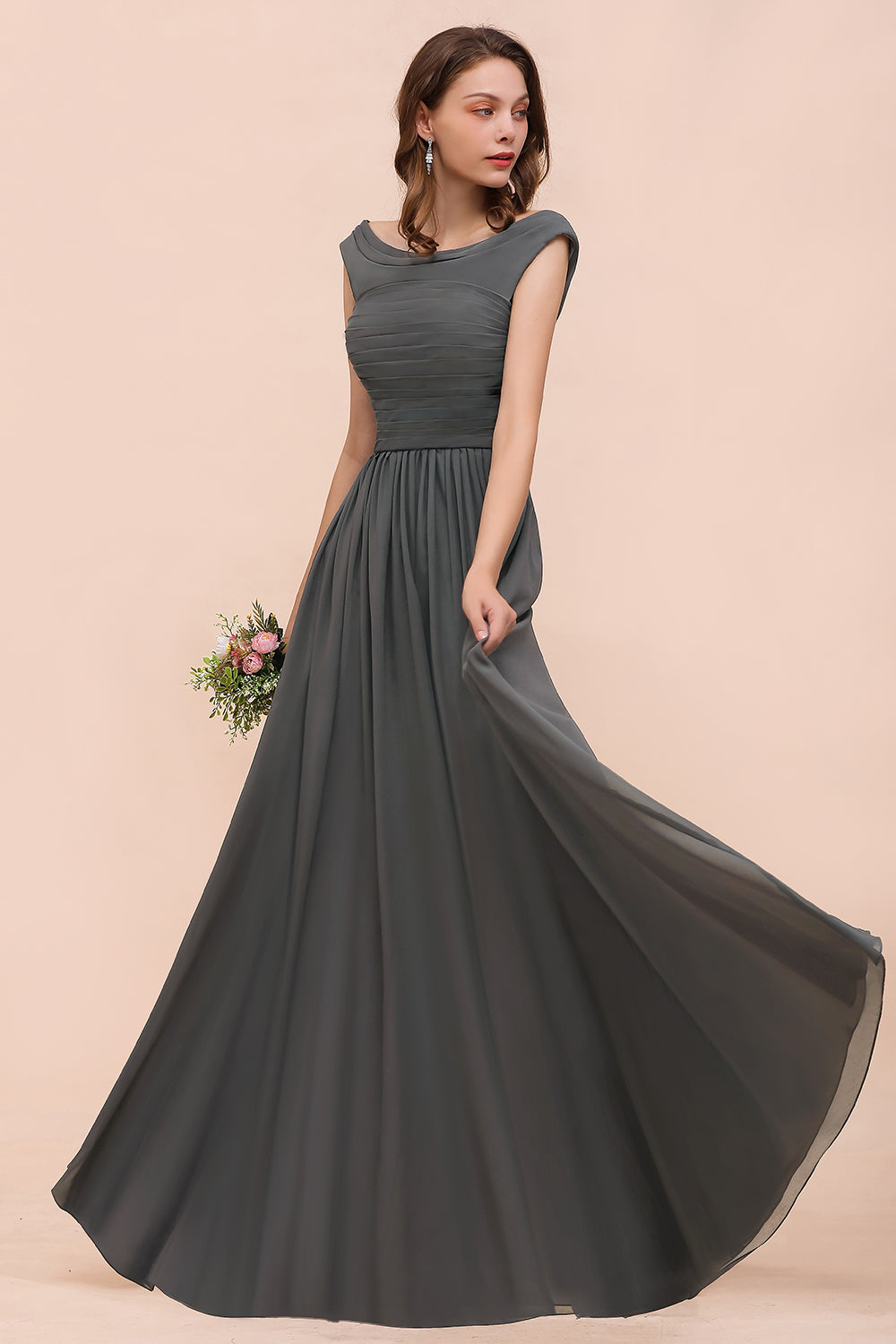 Long A-line Off the Shoulder Ruffle Steel Grey Bridesmaid Dress with Slit