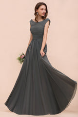 Long A-line Off the Shoulder Ruffle Steel Grey Bridesmaid Dress with Slit