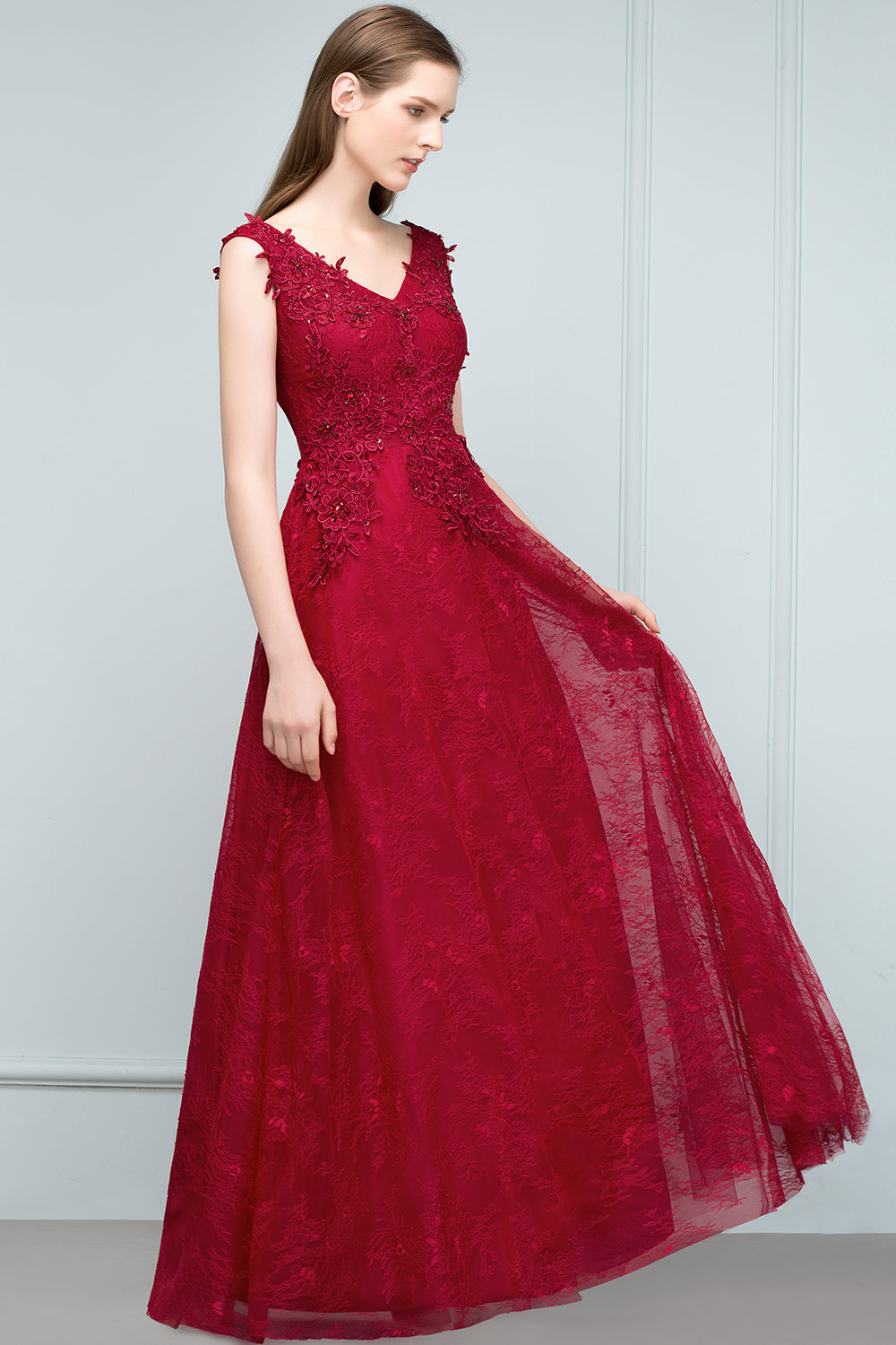 Long V-neck Tulle Lace A-line Evening Formal Dress