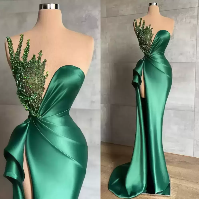 Long Mermaid Sweetheart Satin Beads Formal Prom Dress with Slit