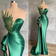 Long Mermaid Sweetheart Satin Beads Formal Prom Dress with Slit