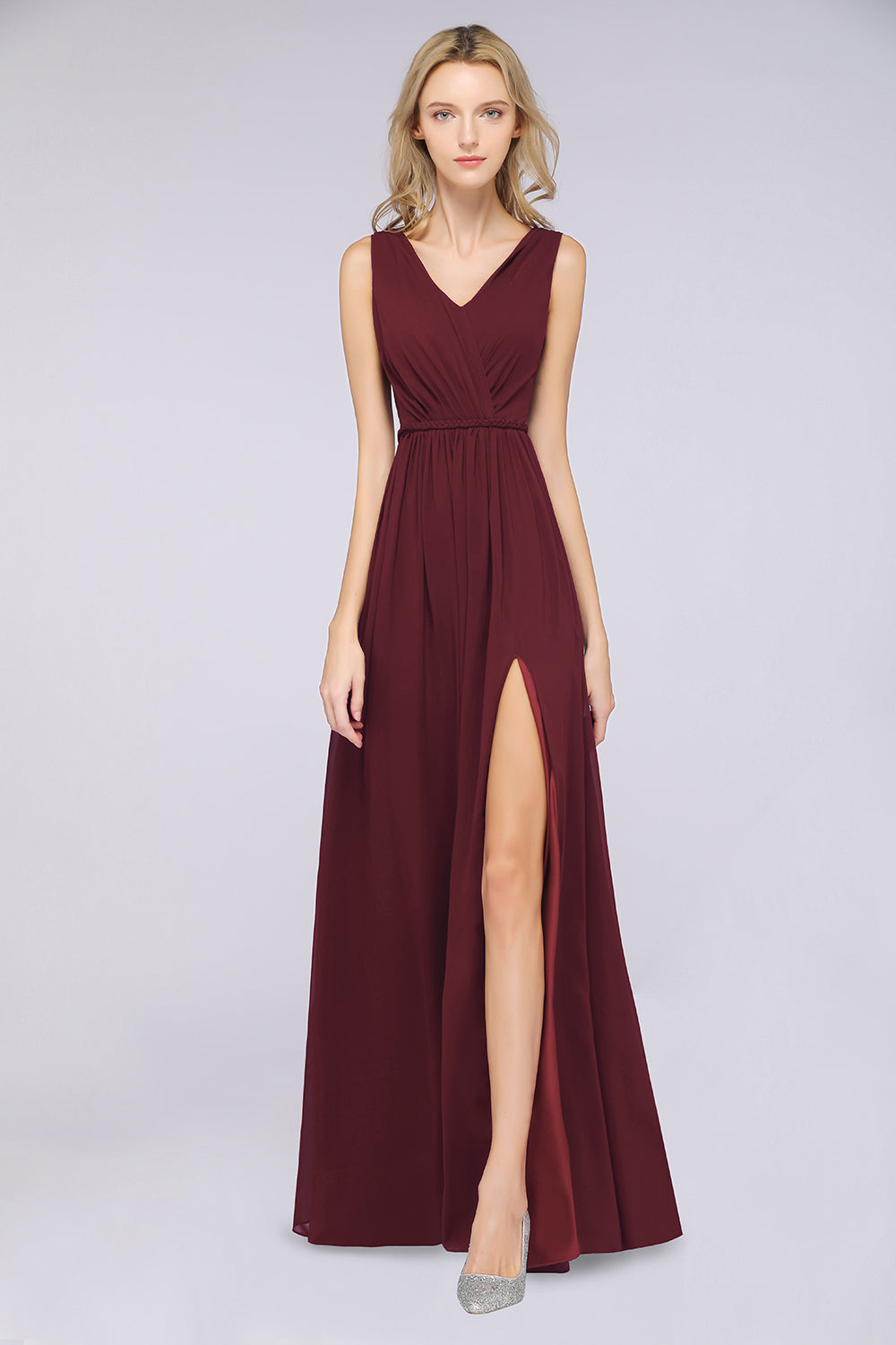 Classy Long Wide Straps V-neck A-Line Chiffon Ruffles Bridesmaid Dress With Side Slit
