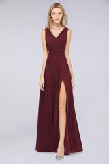 Classy Long Wide Straps V-neck A-Line Chiffon Ruffles Bridesmaid Dress With Side Slit