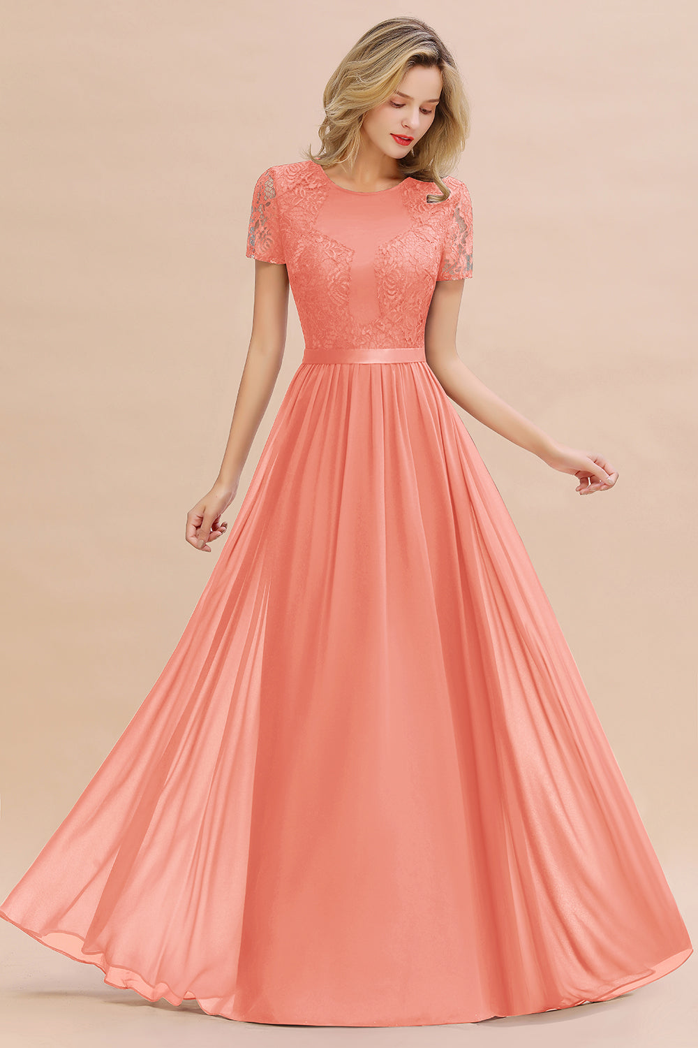 Chiffon Lace Scoop Short Sleeve Bridesmaid Dress