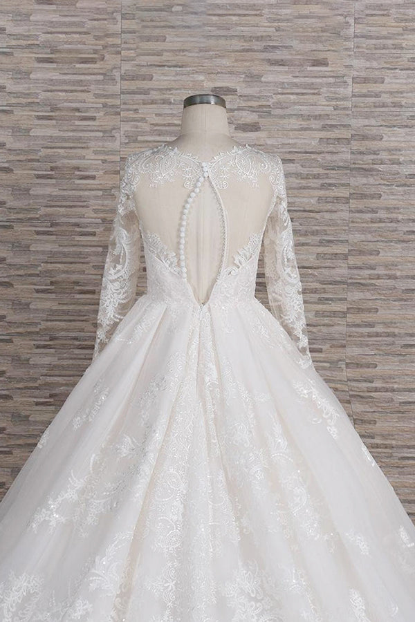 Elegant Plue Size V-neck A-line Tulle Lace Appliques Wedding Dress with Sleeves