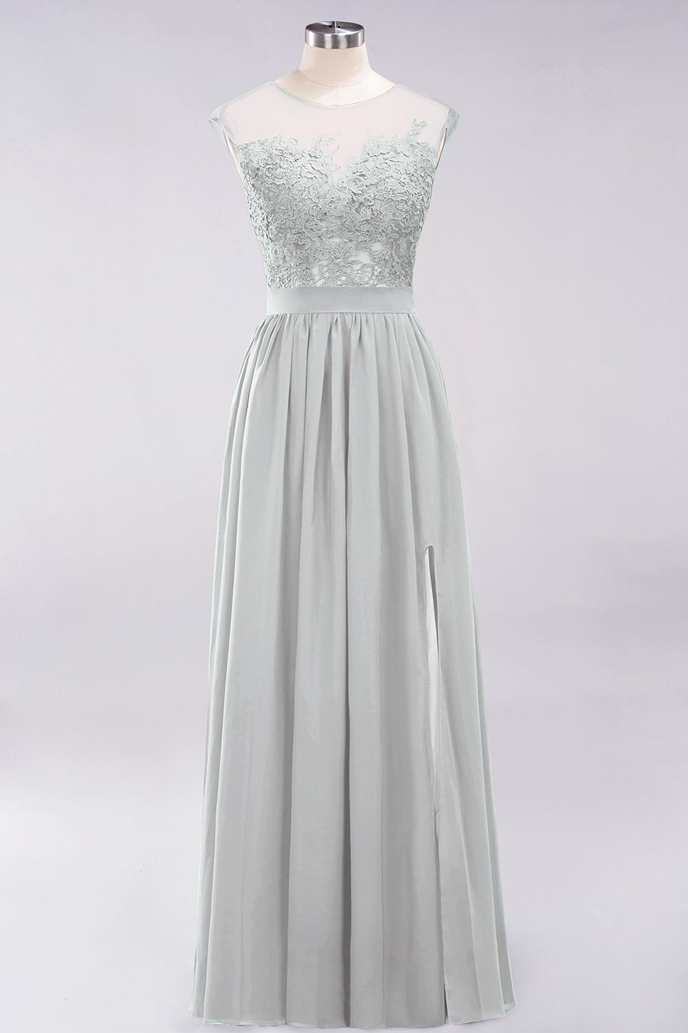 A-line Chiffon Lace Jewel Sleeveless Floor Length Bridesmaid Dresses with Appliques