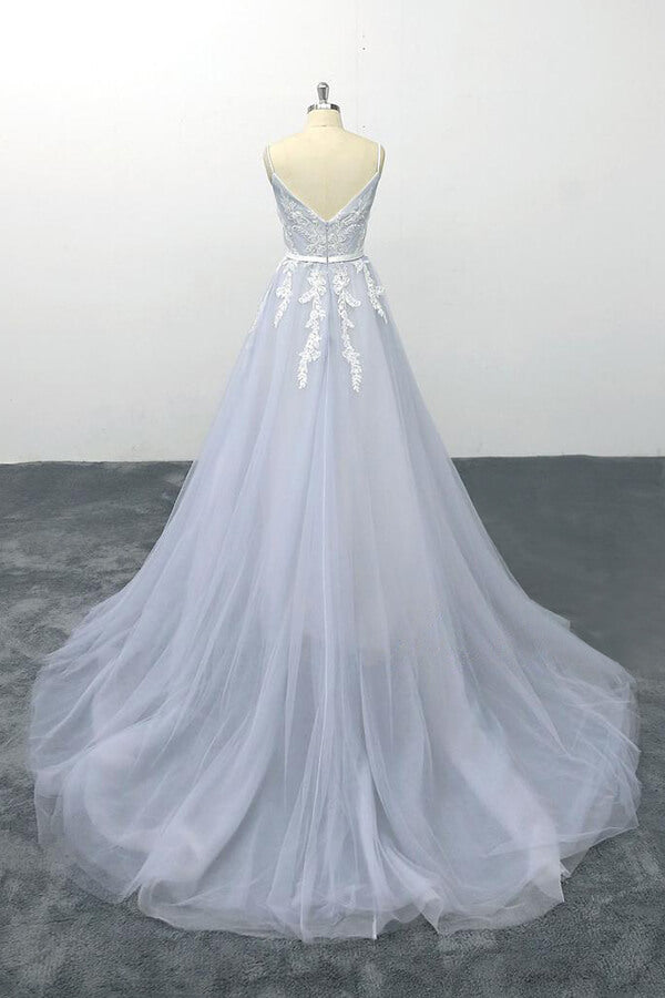 Long Applique Tulle Spaghetti Strap A-line Backless Wedding Dress