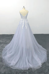 Long Applique Tulle Spaghetti Strap A-line Backless Wedding Dress