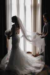 Elegant Long Mermaid Jewel Tulle Lace Wedding Dress