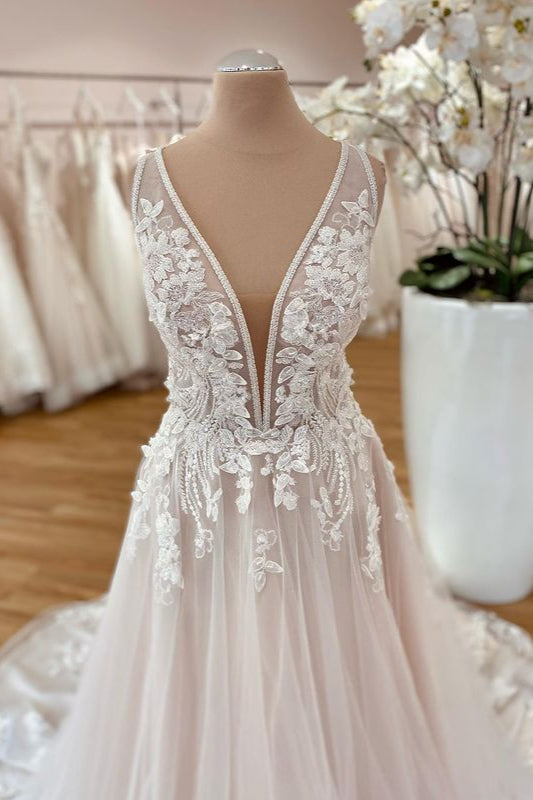 Long A-Line Wide Straps Tulle Floor Length Wedding Dress With Floral Lace