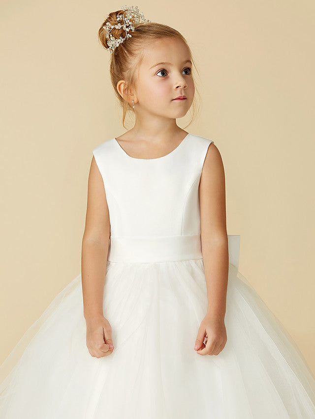 Long A-line Tulle Sleeveless Jewel Neck Satin First Communion Flower Girl Dresses