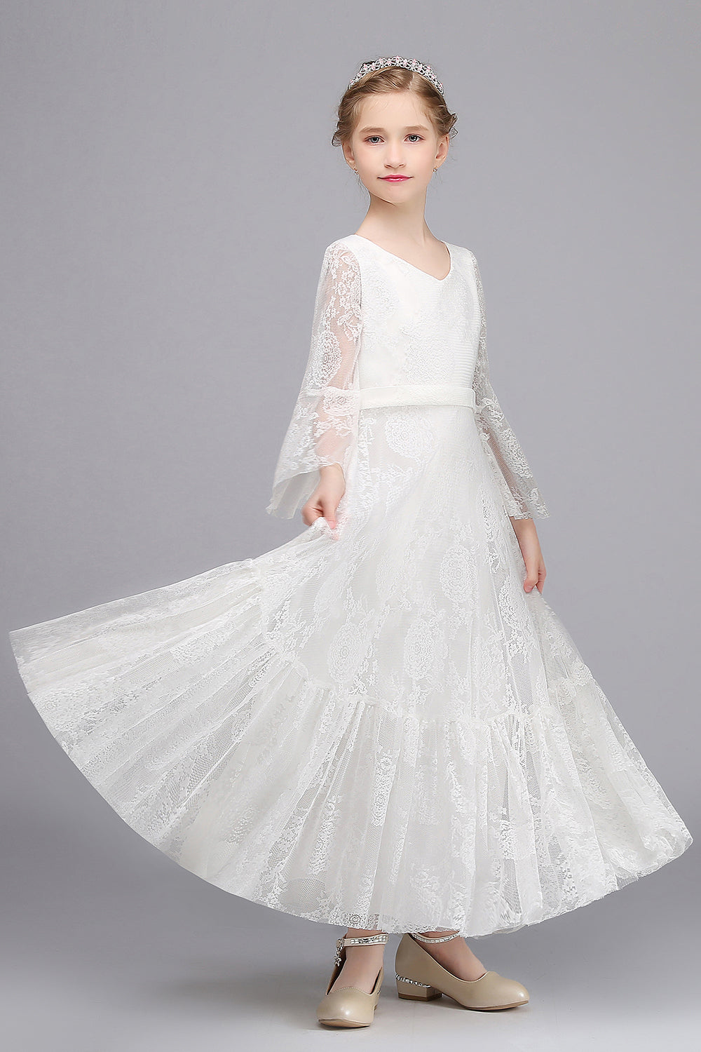 Long A-line Appliques Lace V-neck Floor Length Flower Girl Dress with Sleeves