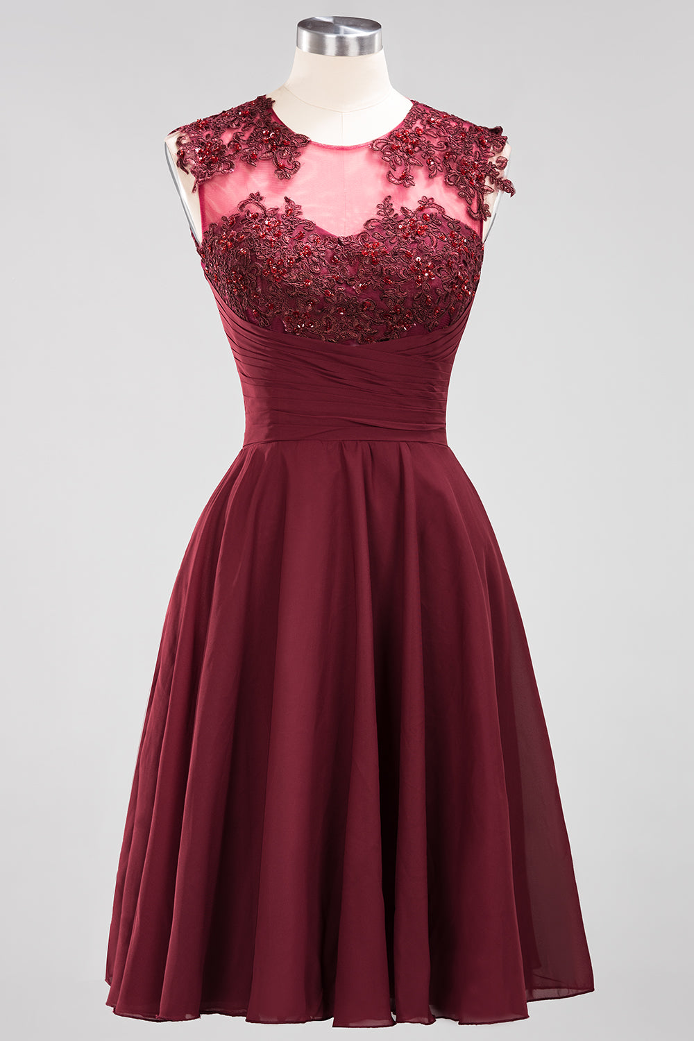 A-line Chiffon Appliques Jewel Sleeveless Knee-Length Bridesmaid Dresses with Ruffles