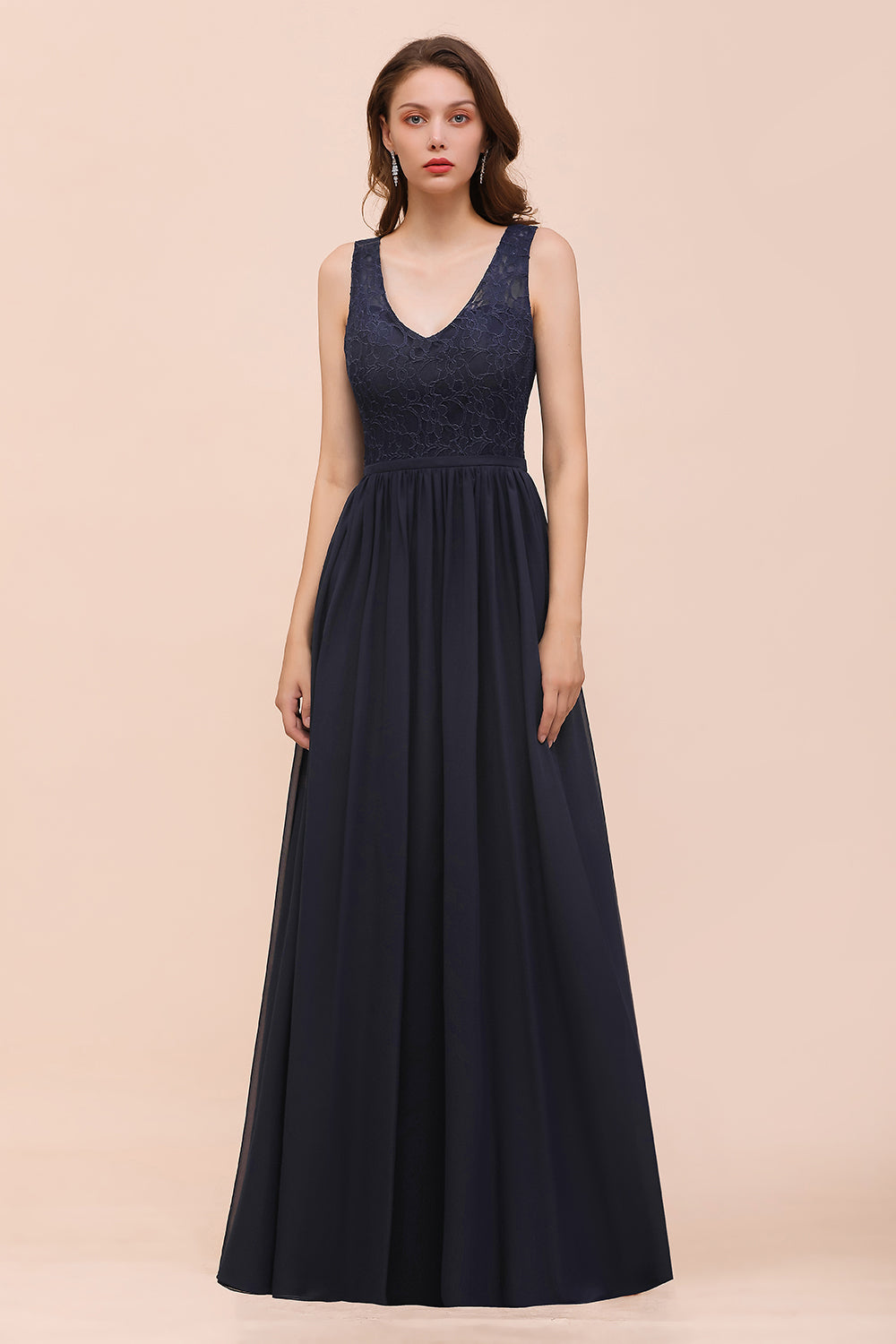 Elegant V-neck Wide Straps A-line Floor Length Chiffon Bridesmaid Dress With Ruched