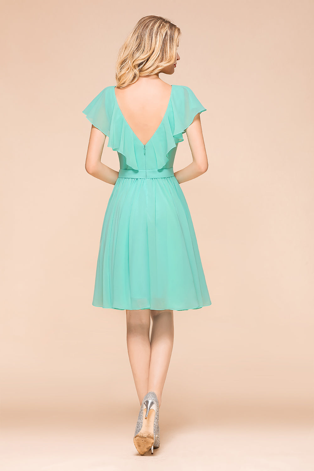 Elegant V-neck Backless A-line Knee-length Bridesmaid Dress With Ruched