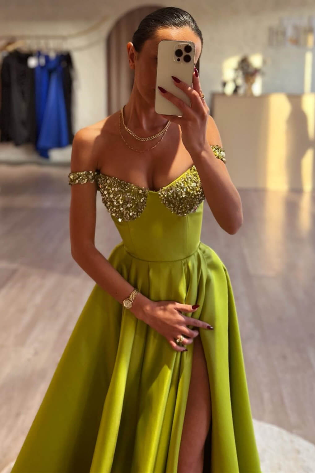 Off The Shoulder Long A-Line Split Front Satin Prom Dress with Ruffles