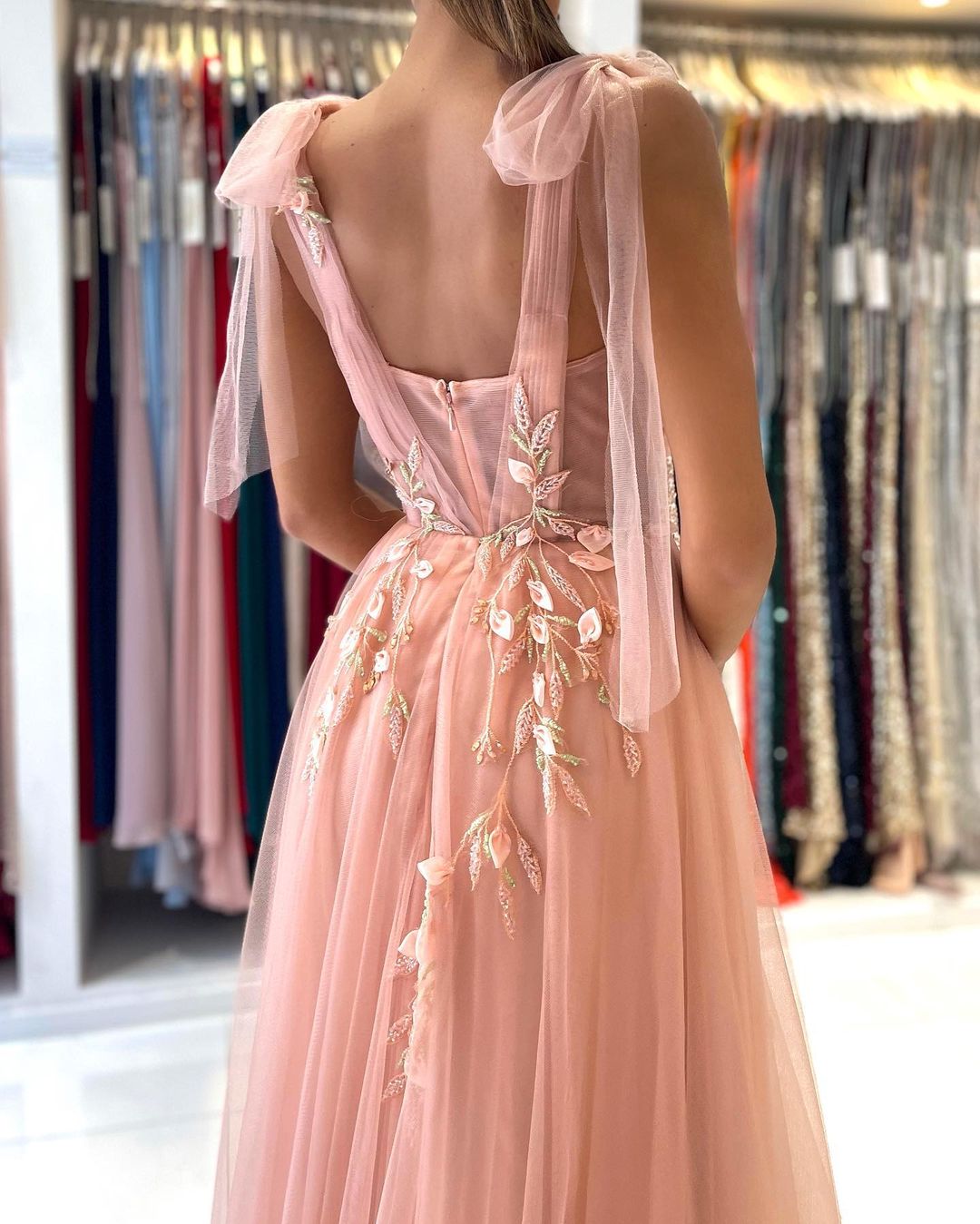 Long A-line Spaghetti Straps Tulle Prom Dress with Slit