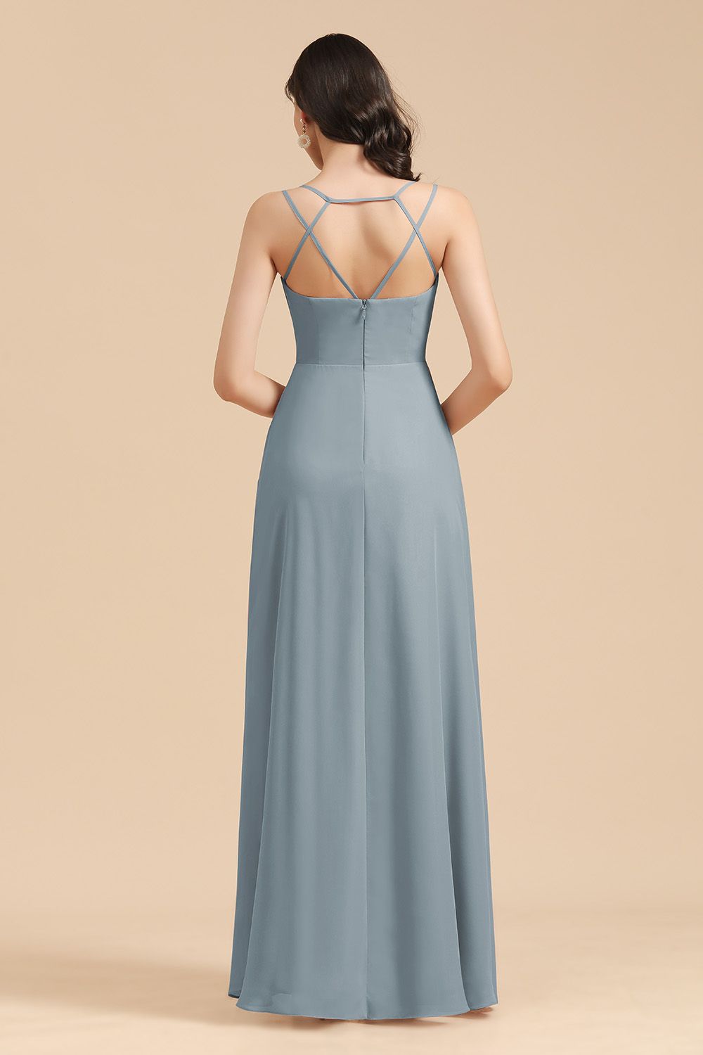 Long A-line V-Neck Chiffon Dusty Blue Wedding Guest Dress