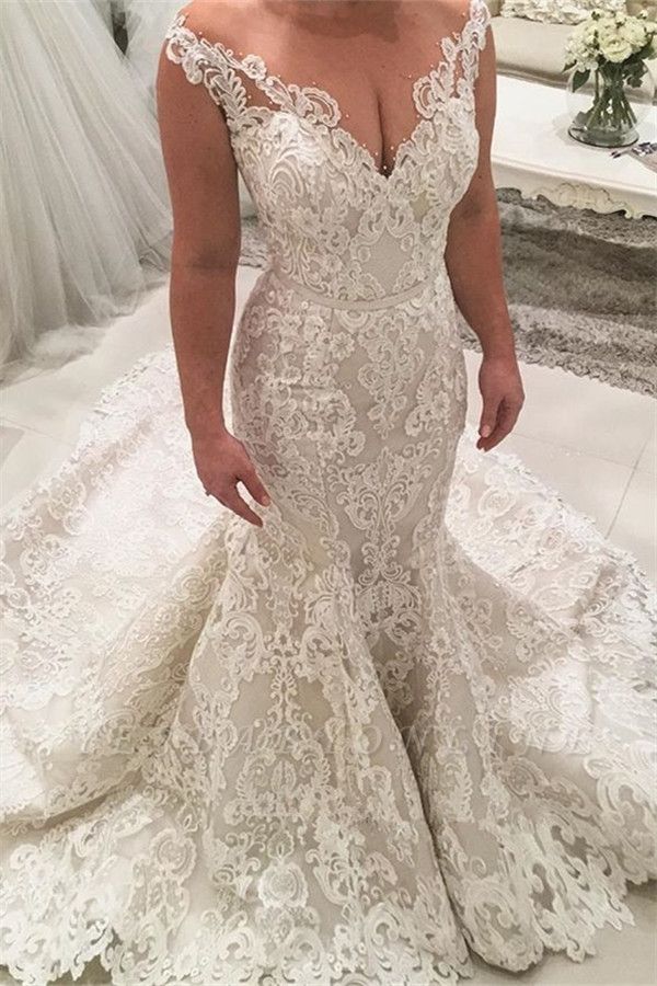 Long Mermaid V-neck Spaghetti Straps Appliques Lace Floor Length Wedding Dresses