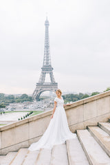 Long White V-Neck Cap Sleeve A-line Lace Chiffon Wedding Dress