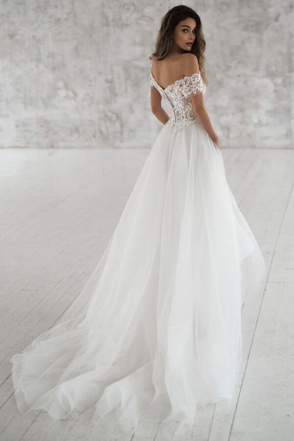 Elegant Long A-line Off the Shoulder Appliques Tulle Wedding Dress with Short Sleeve