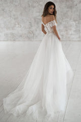 Elegant Long A-line Off the Shoulder Appliques Tulle Wedding Dress with Short Sleeve