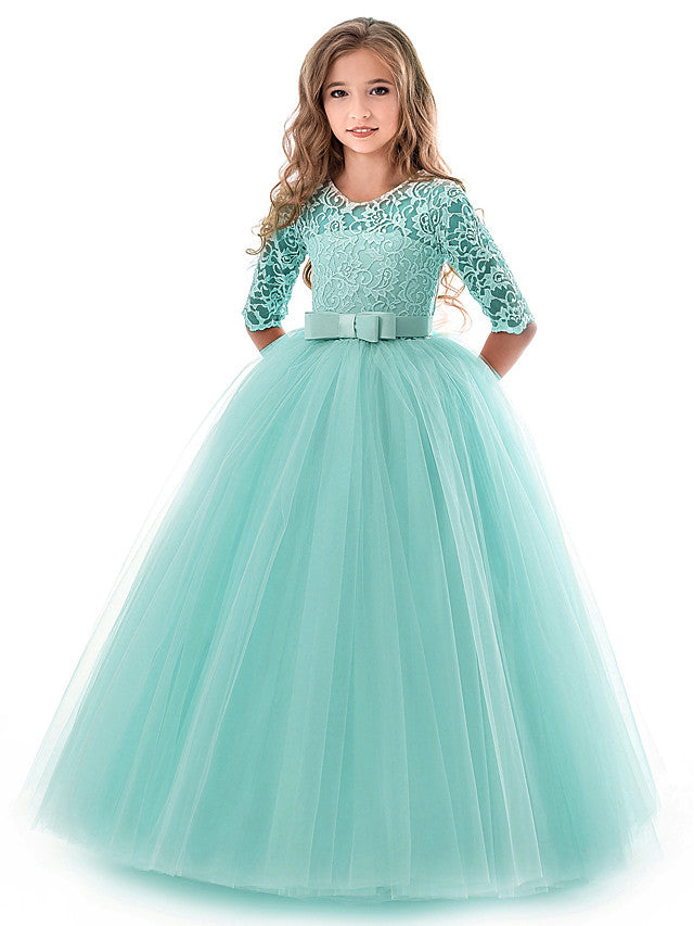 Long Ball Gown Tulle Lace Jewel Neck Flower Girl Dresses with Half Sleeve