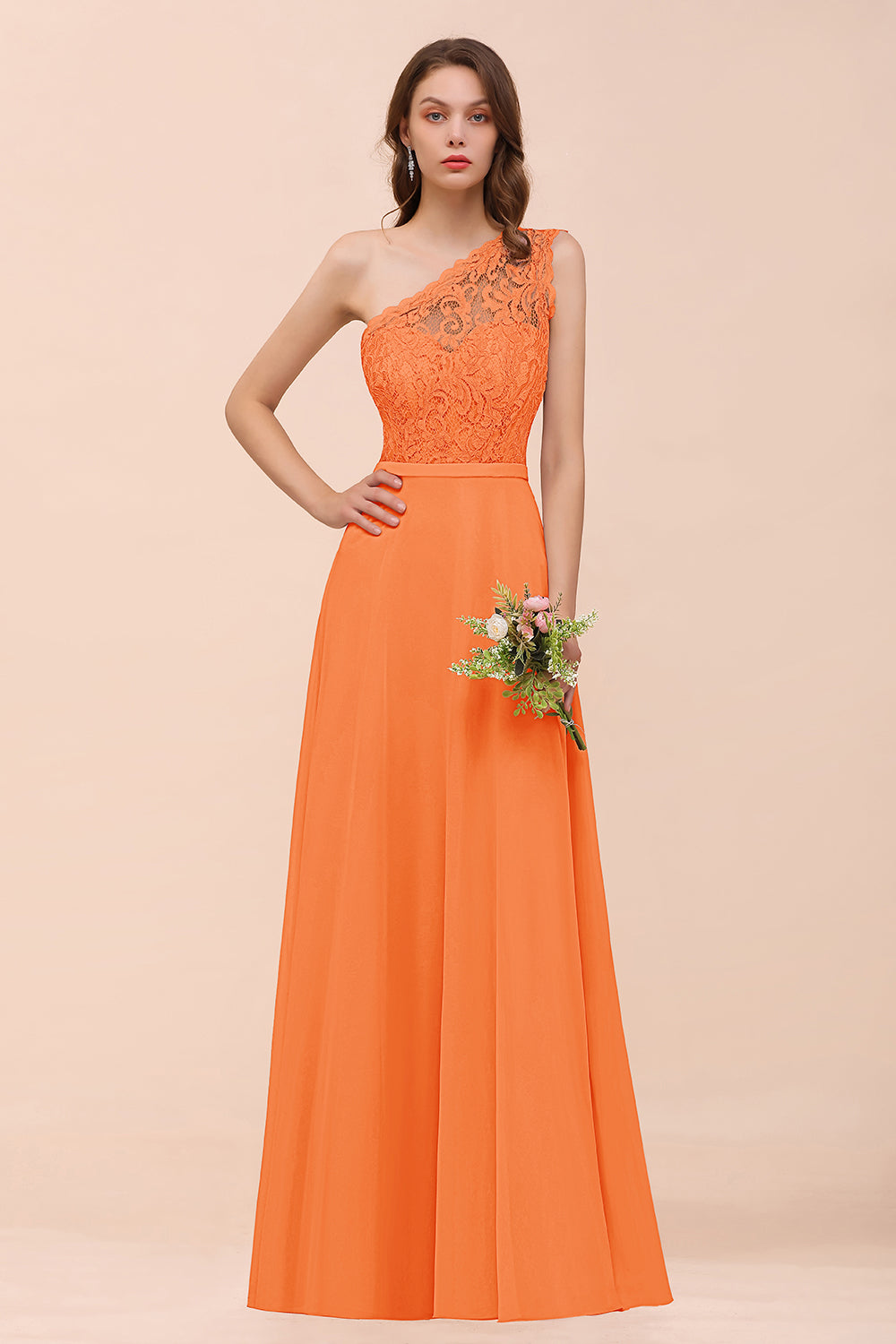 Classy One Shoulder Appliques Lace Floor Length A-Line Chiffon Bridesmaid Dress