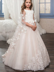Long A-line Tulle Birthday Lace Birthday Flower Girl Dresses