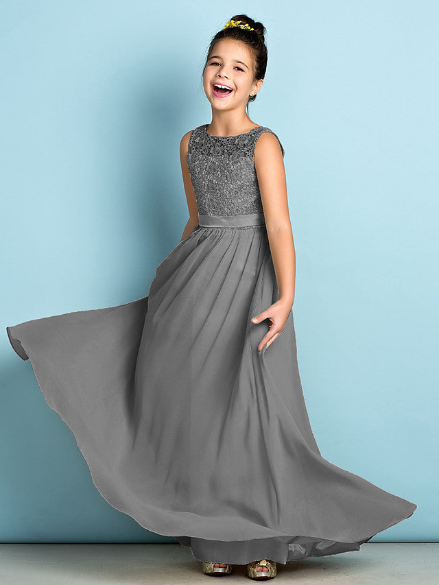 Long A-Line Scoop Neck Floor Length Chiffon Lace Junior Bridesmaid Dress
