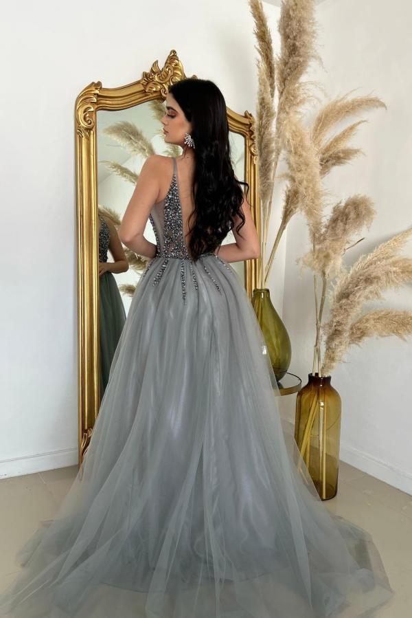 Beautiful Long A-Line V-Neck Tulle Sleeveless Beading Prom Dress with High Split