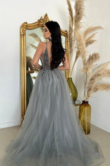 Beautiful Long A-Line V-Neck Tulle Sleeveless Beading Prom Dress with High Split