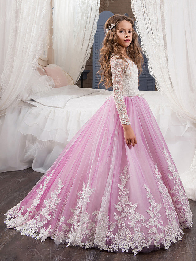 Long Ball Gown Boho Tulle Lace Flower Girl Dresses with Sleeves