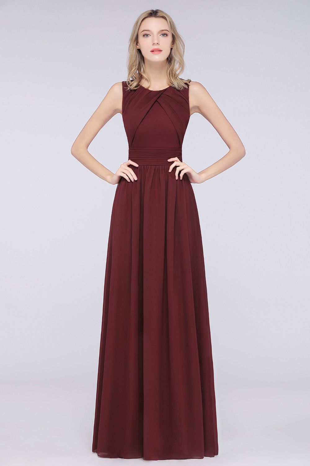 A-Line Chiffon Round-Neck Sleeveless Floor Length Bridesmaid Dress with Ruffles
