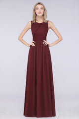 A-Line Chiffon Round-Neck Sleeveless Floor Length Bridesmaid Dress with Ruffles