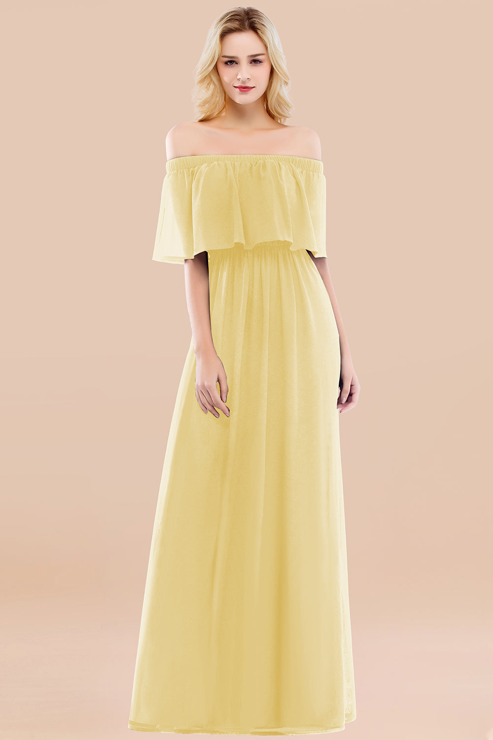 A-line Chiffon Off the Shoulder Short Sleeves Ruffles Floor Length Bridesmaid Dress