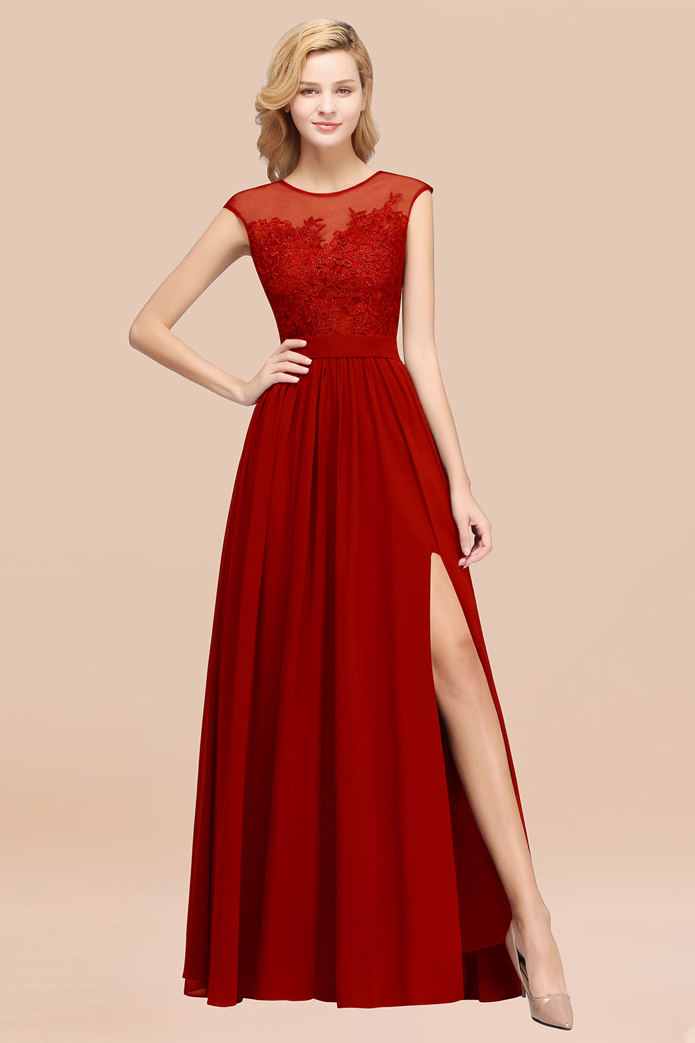 A-line Chiffon Lace Jewel Sleeveless Floor Length Bridesmaid Dresses with Appliques